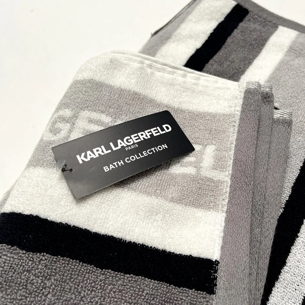 Karl Lagerfeld 2pc Cotton Bath & Hand Towel Set Gray Black White NWT